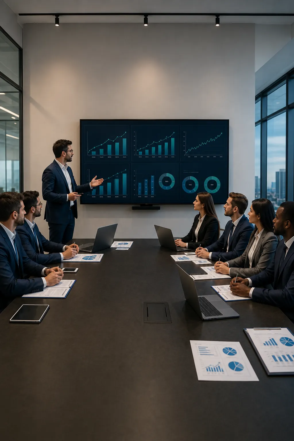 Executive team reviewing performance analytics