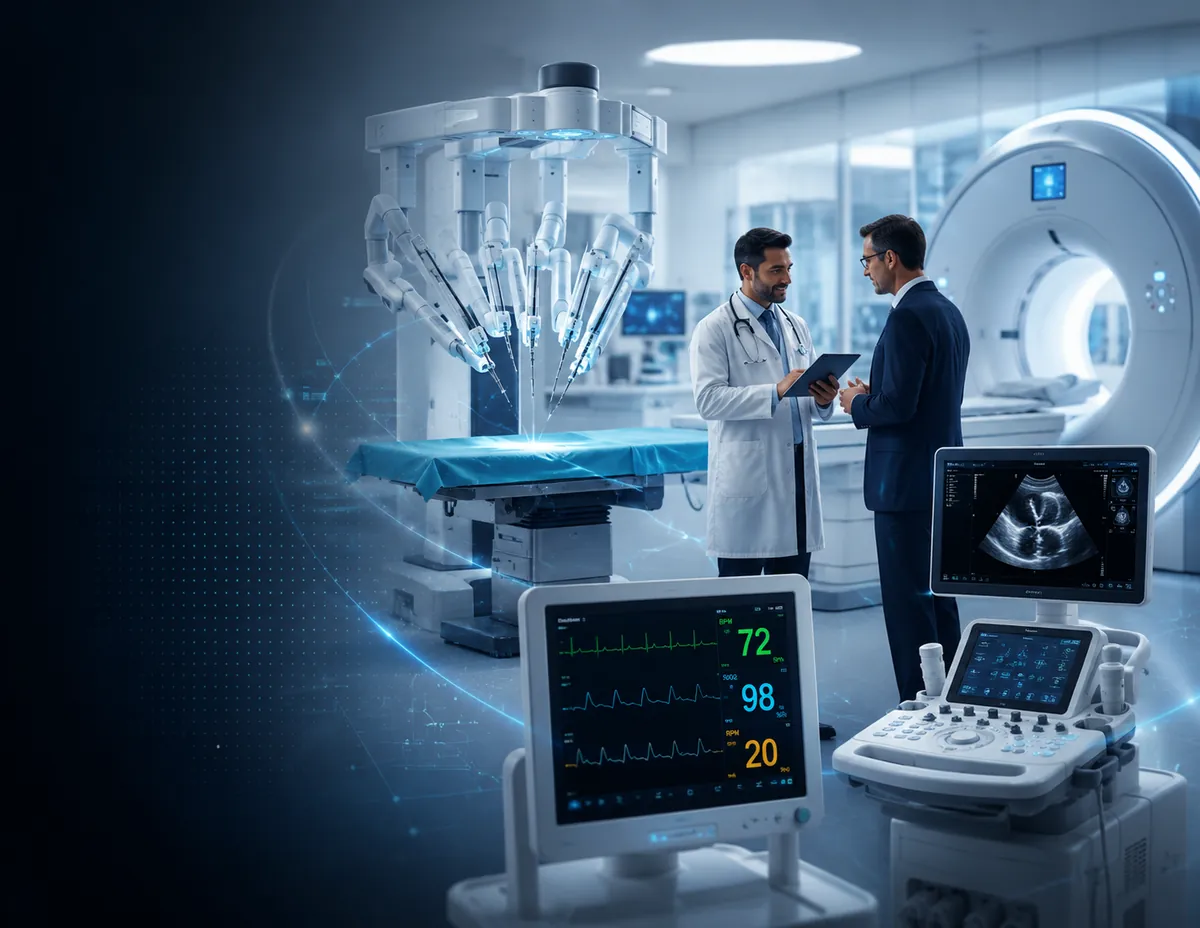 Physician consulting with an executive amid medical imaging and monitoring equipment