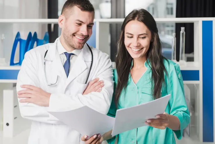 Doctor and nurse reviewing patient documents together